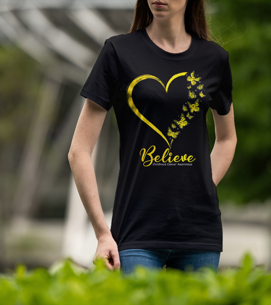 Believe Butterfly Heart Childhood Cancer Awareness T-Shirt