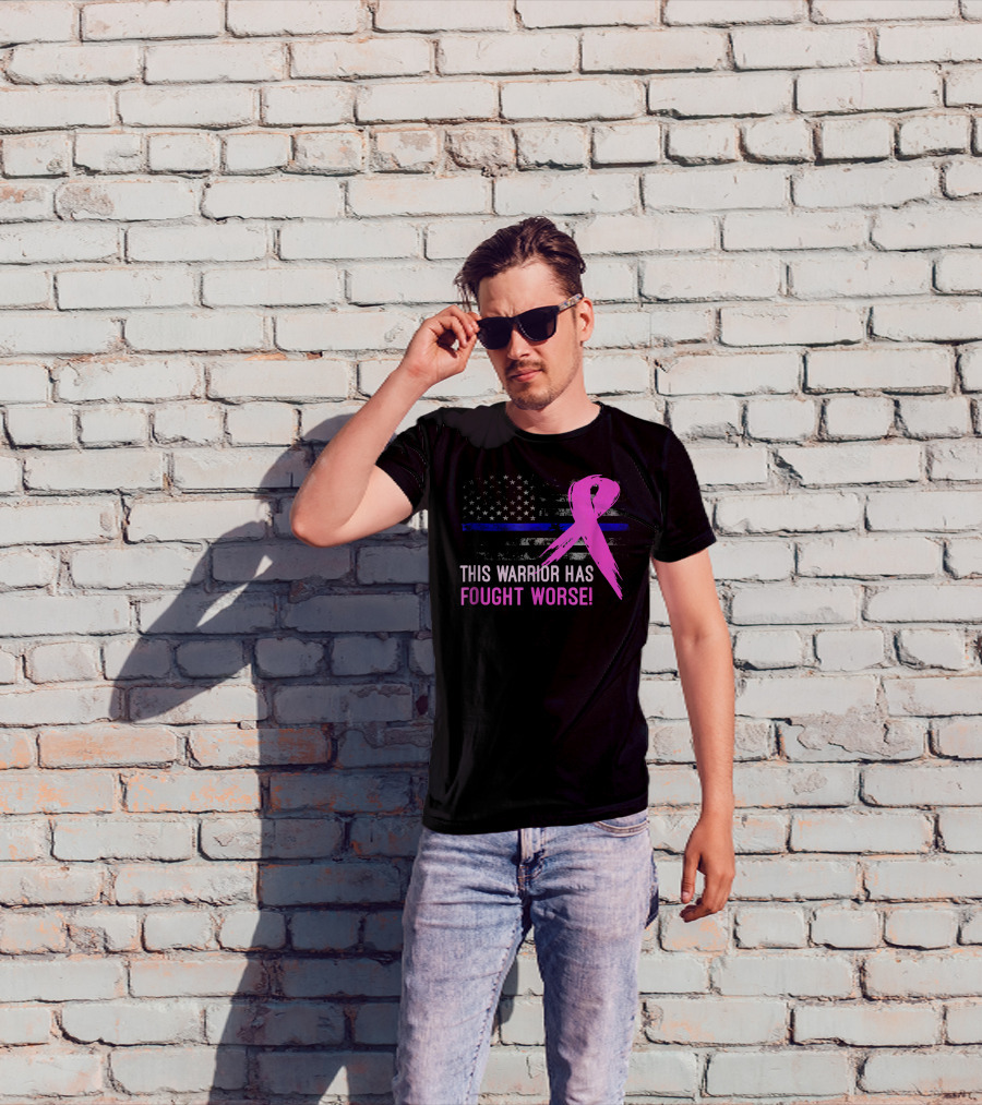 Thin Blue Line American Flag Pink Ribbon This Warrior Has Fought Worse T-Shirt
