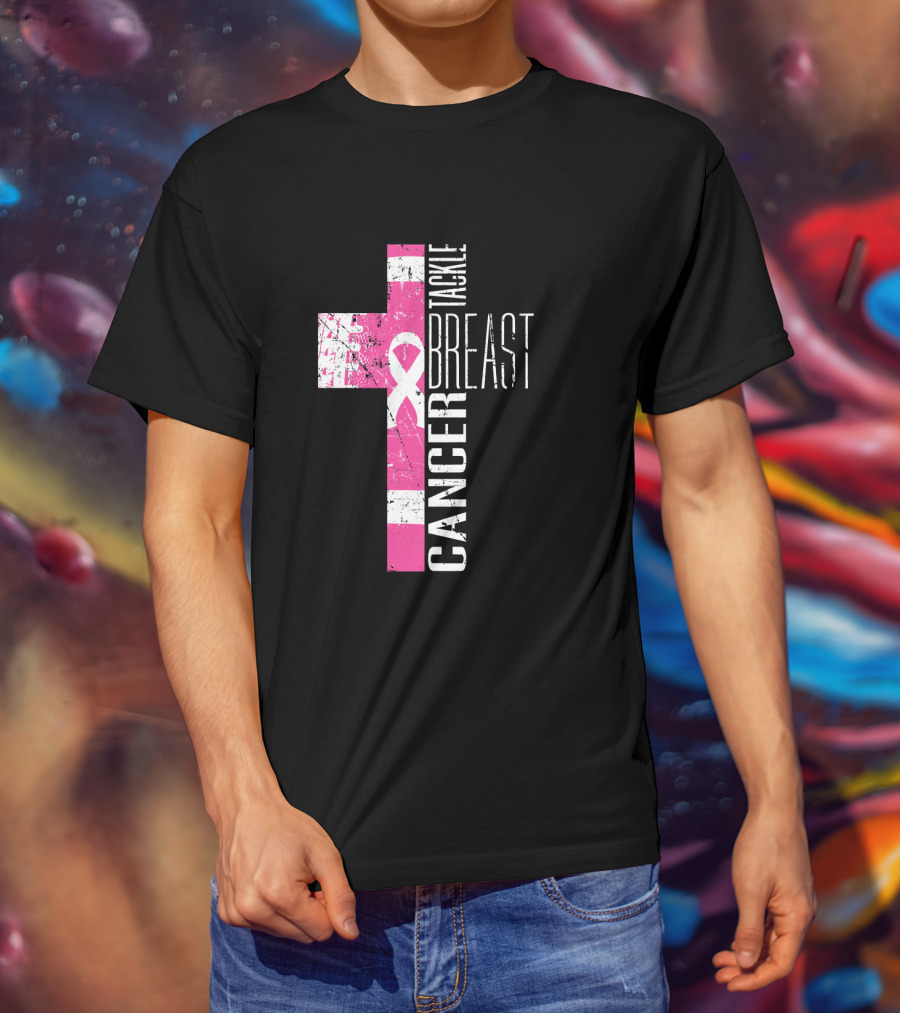 Tackle Breast Cancer Pink Ribbon Cross T-Shirt