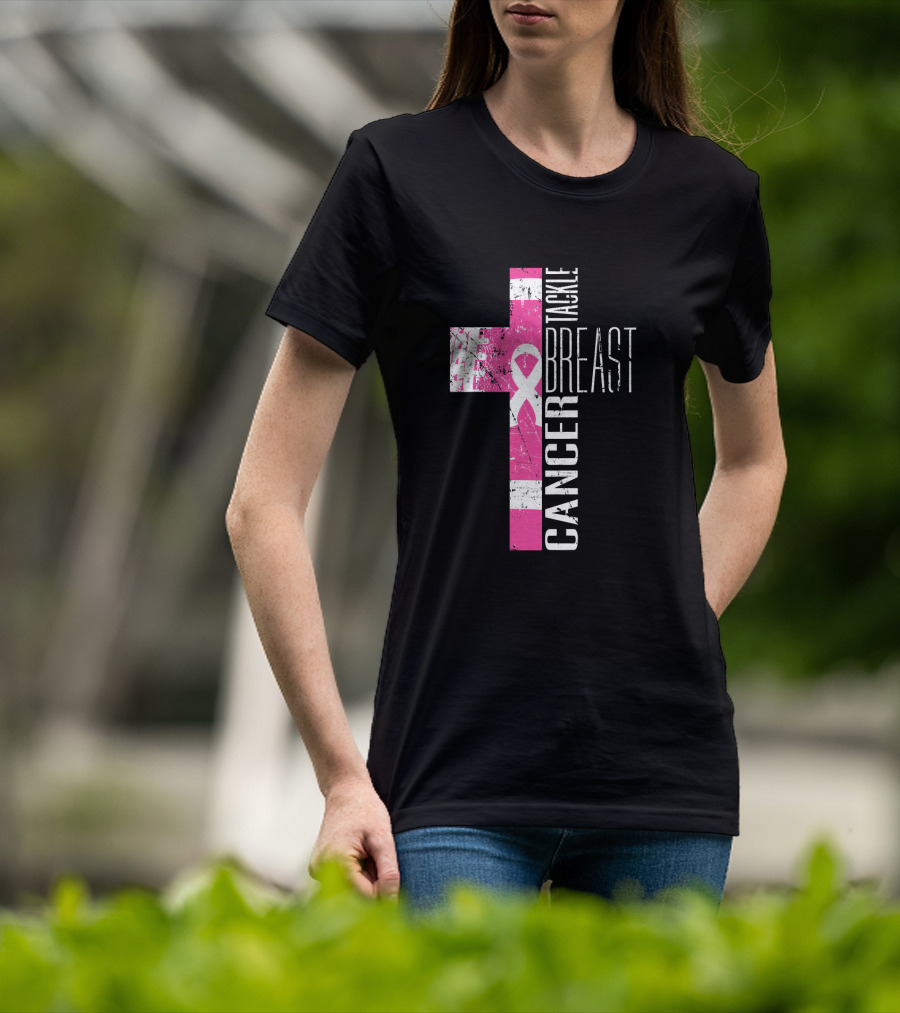 Tackle Breast Cancer Pink Ribbon Cross T-Shirt
