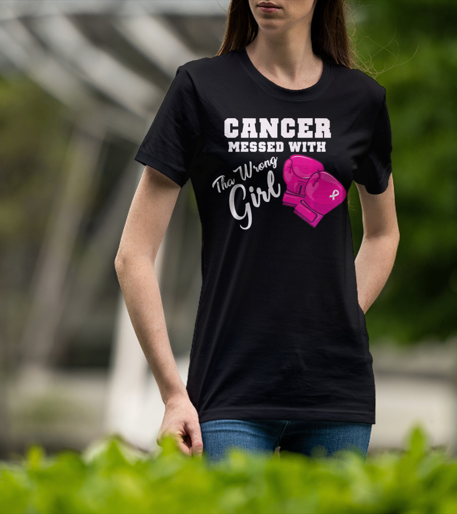 Cancer Messed With The Wrong Girl Boxing Gloves Breast Cancer Awareness T-Shirt