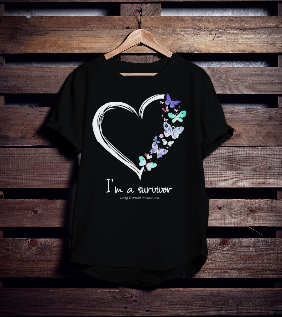 I'm A Survivor Lung Cancer Awareness Heart With Butterflies T-Shirt
