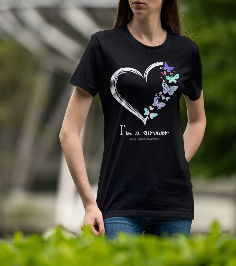 I'm A Survivor Lung Cancer Awareness Heart With Butterflies T-Shirt