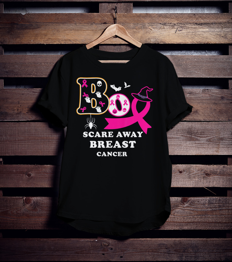 Halloween Boo With Pink Ribbon Scare Away Breast Cancer T-Shirt