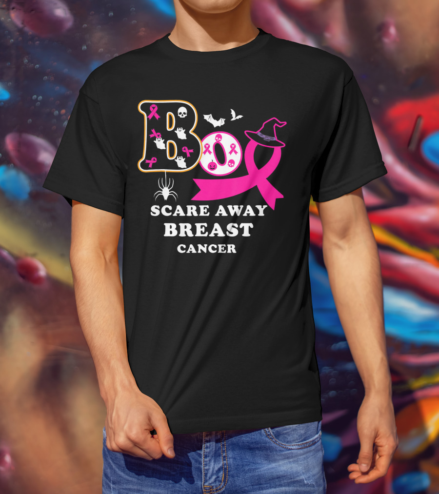 Halloween Boo With Pink Ribbon Scare Away Breast Cancer T-Shirt