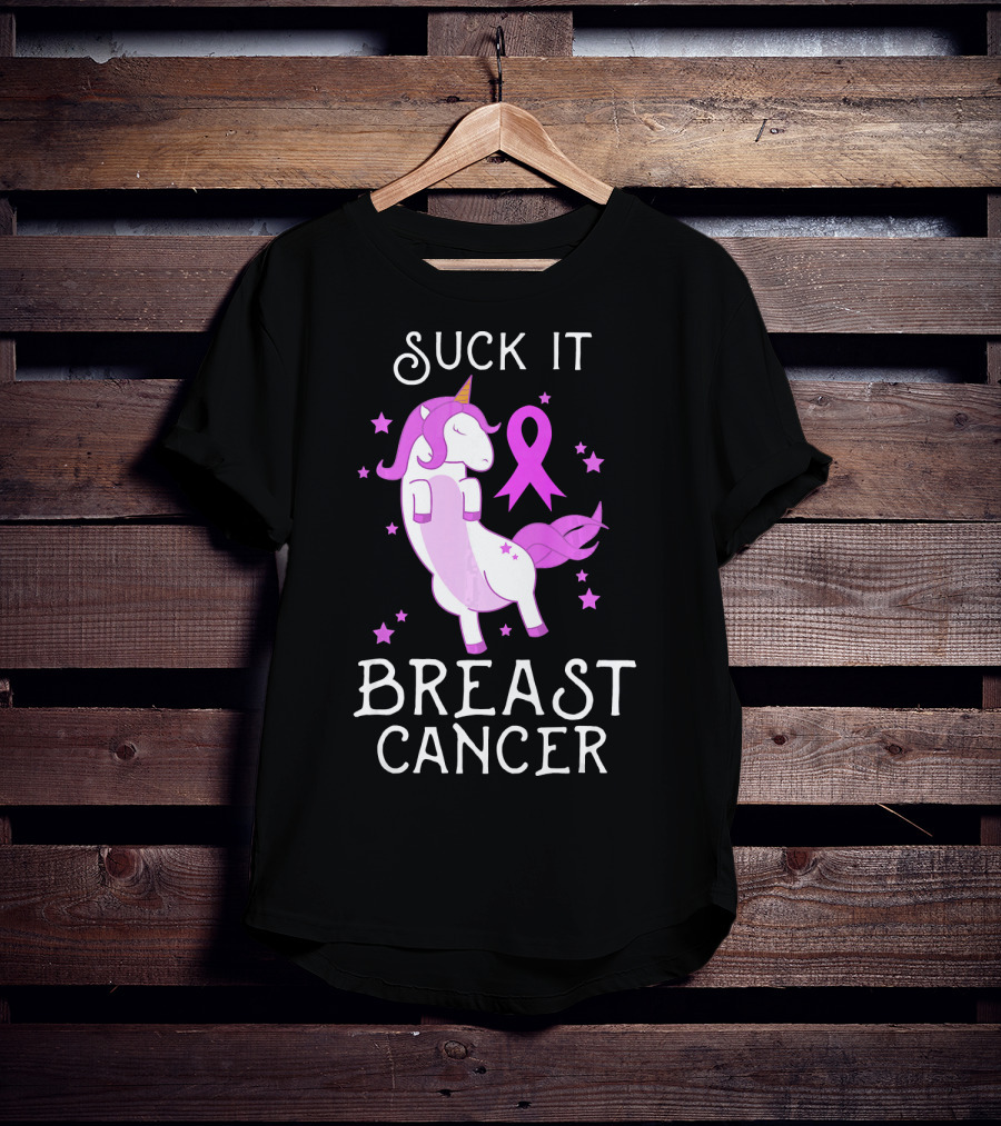 Suck It Breast Cancer Unicorn Awareness Ribbon Stars T-Shirt