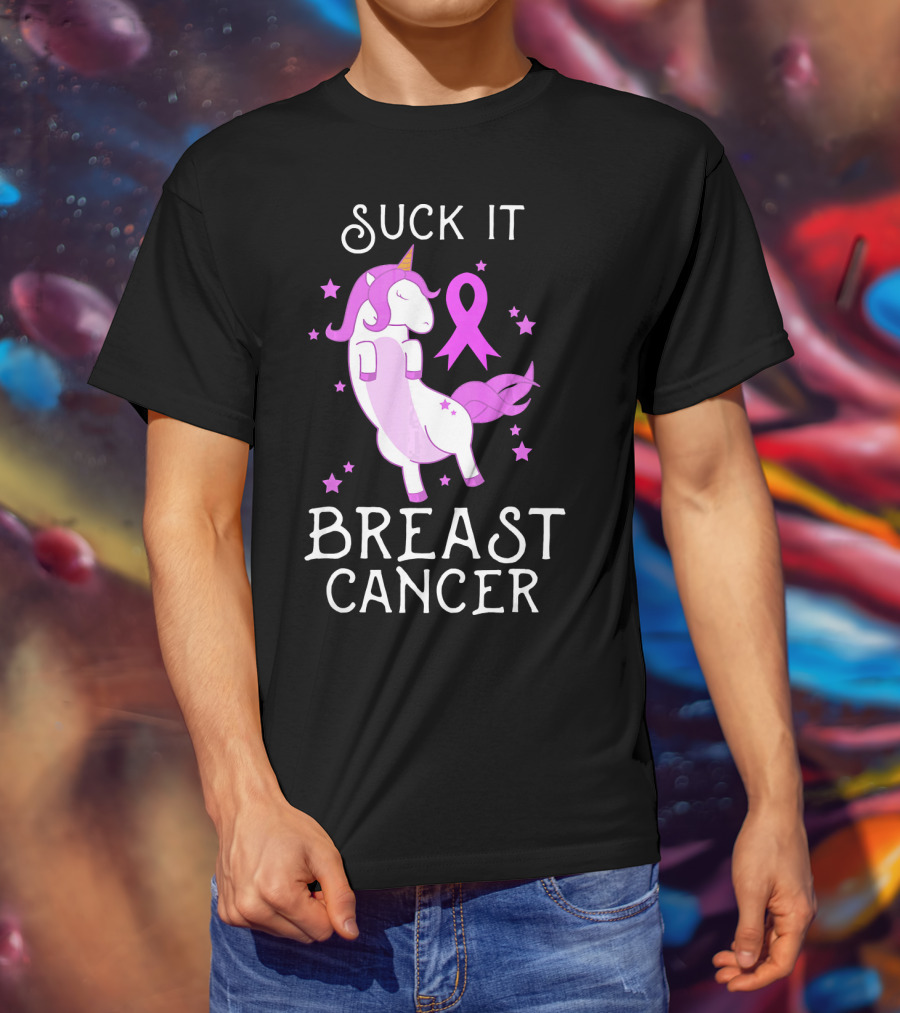 Suck It Breast Cancer Unicorn Awareness Ribbon Stars T-Shirt