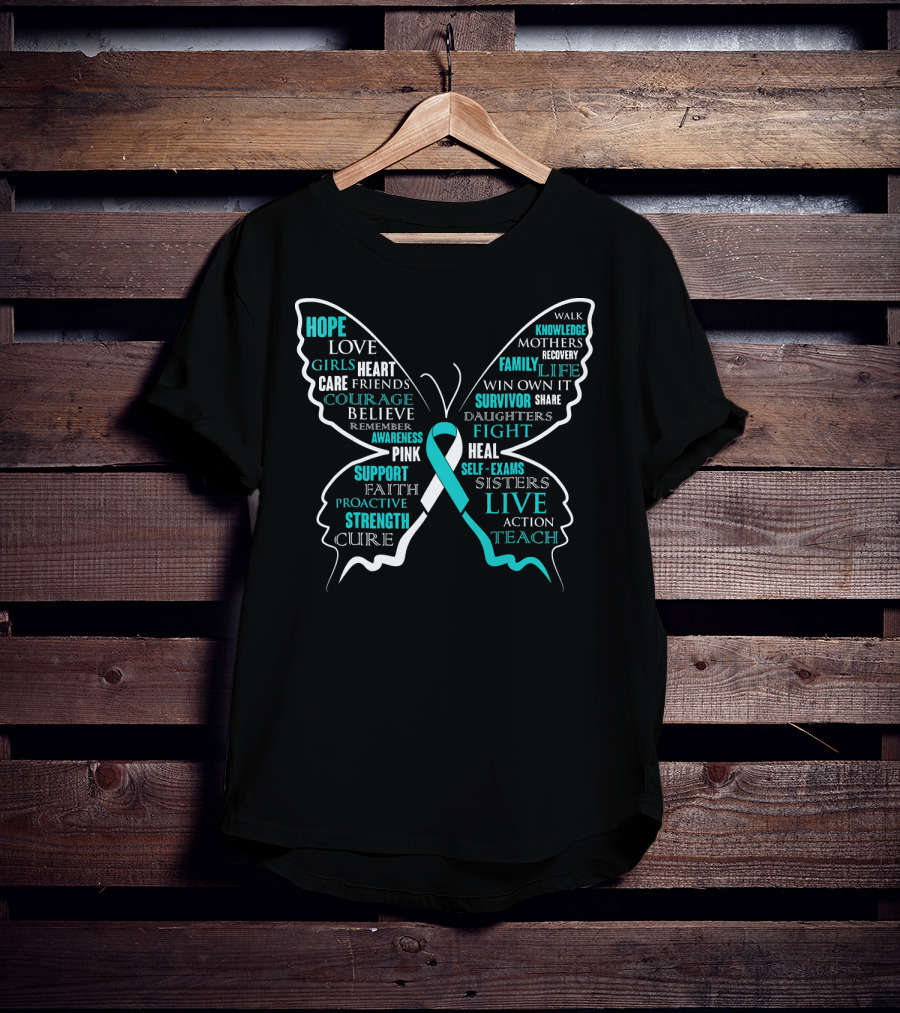 Hope Faith Courage Love Butterfly Cervical Cancer Awareness T-Shirt
