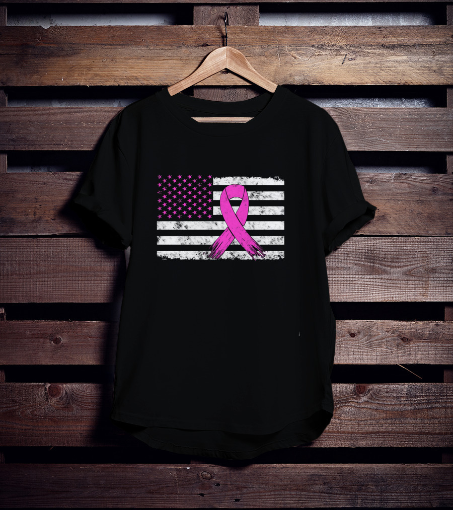 Distressed Pink Ribbon Breast Cancer Awareness American Flag T-Shirt