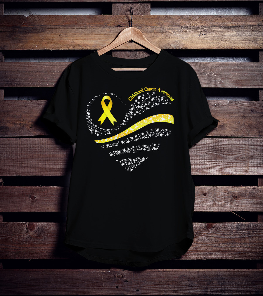 Childhood Cancer Awareness Heart Gold Ribbon American Flag T-Shirt