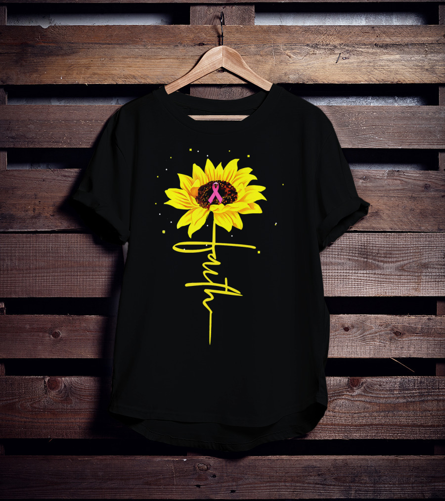 Faith Sunflower Pink Ribbon Breast Cancer Awareness T-Shirt
