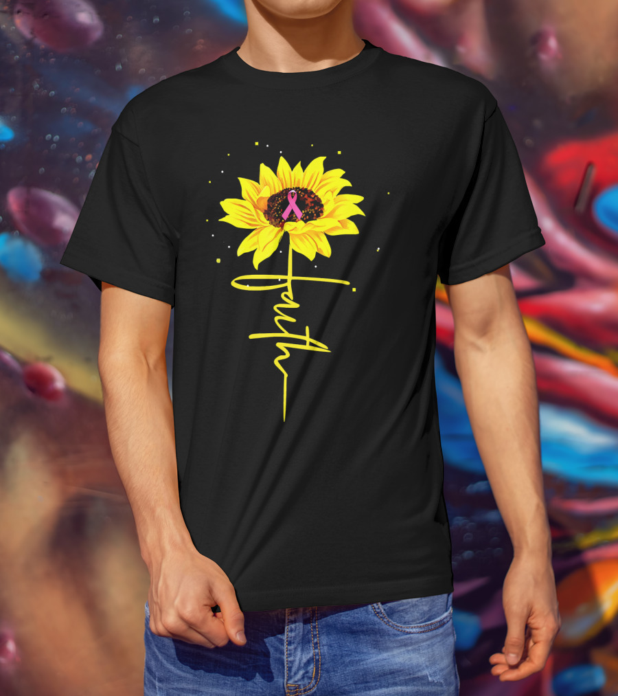 Faith Sunflower Pink Ribbon Breast Cancer Awareness T-Shirt