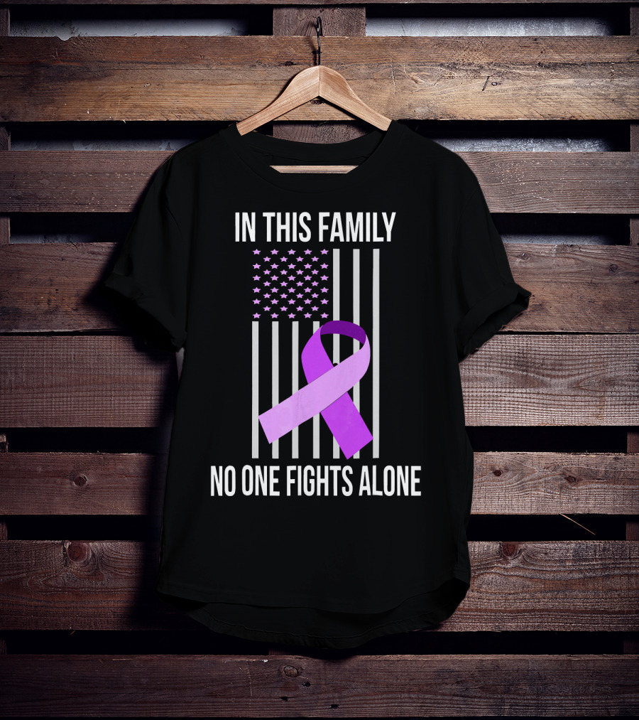 In This Family No One Fights Alone USA Flag Purple Ribbon Pancreatic Cancer T-Shirt