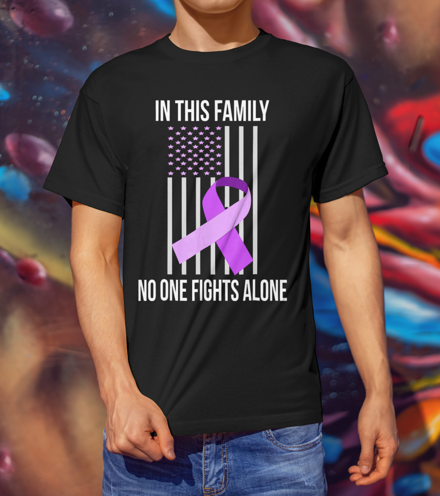 In This Family No One Fights Alone USA Flag Purple Ribbon Pancreatic Cancer T-Shirt