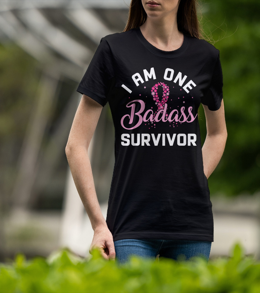 I Am One Badass Survivor Breast Cancer Ribbon Floral T-Shirt