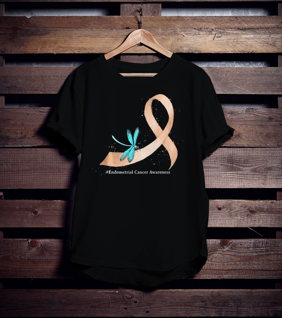 Hippie Dragonfly Peach Ribbon #Endometrial Cancer Awareness T-Shirt