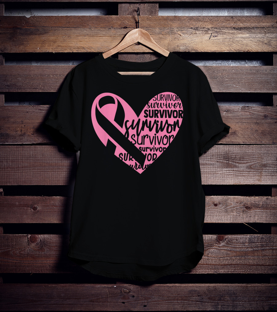 Survivor Pink Ribbon Heart Breast Cancer Pin T-Shirt