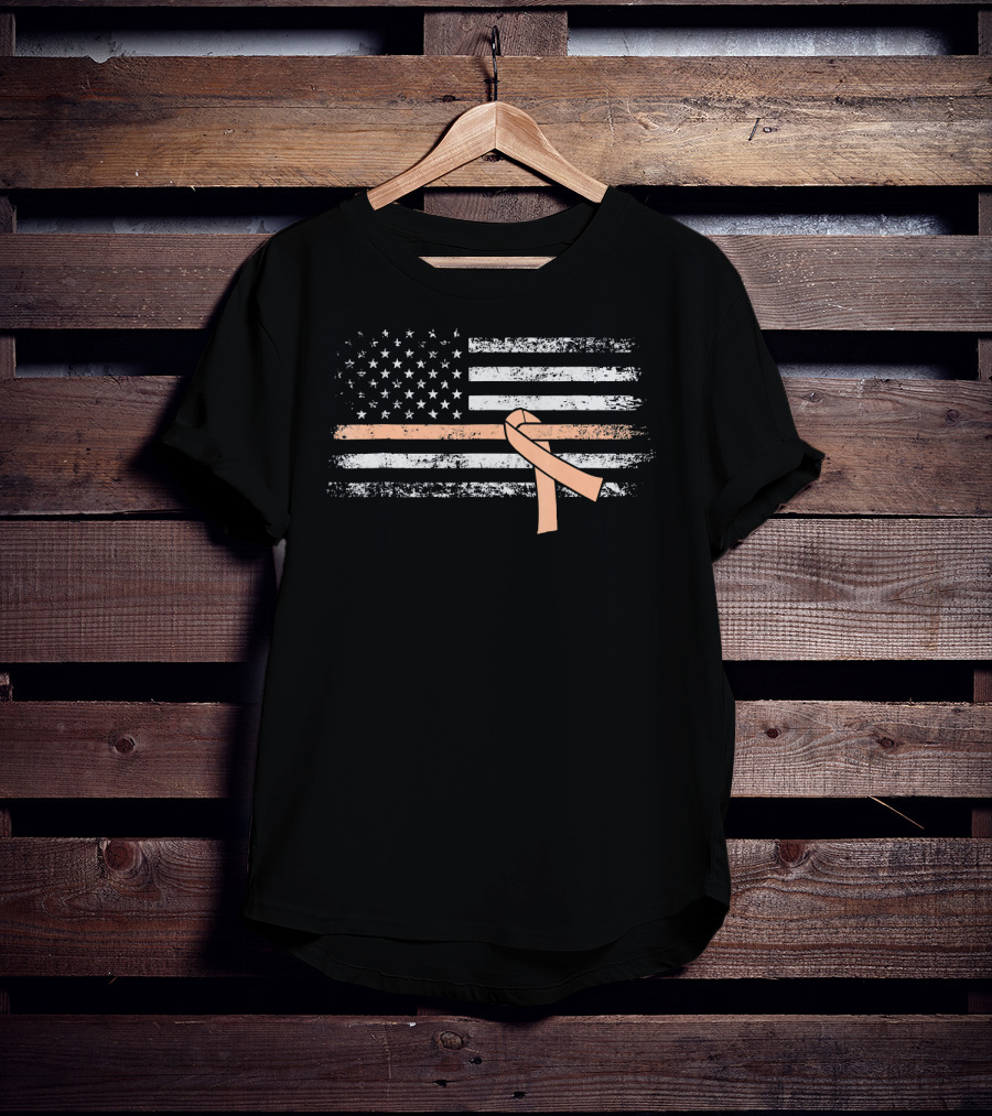American Flag With Peach Ribbon For Uterine Cancer Awareness T-Shirt
