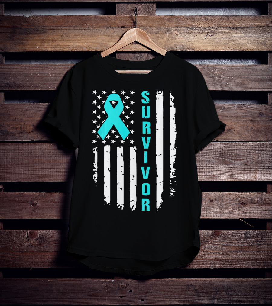 Survivor Ovarian Cancer Awareness American Flag T-Shirt