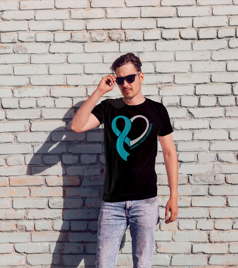Ovarian Cancer Teal Heart Ribbon Awareness T-Shirt