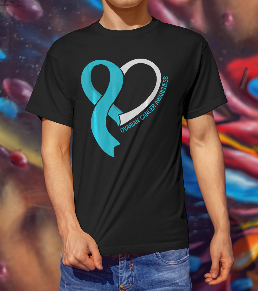 Ovarian Cancer Teal Heart Ribbon Awareness T-Shirt