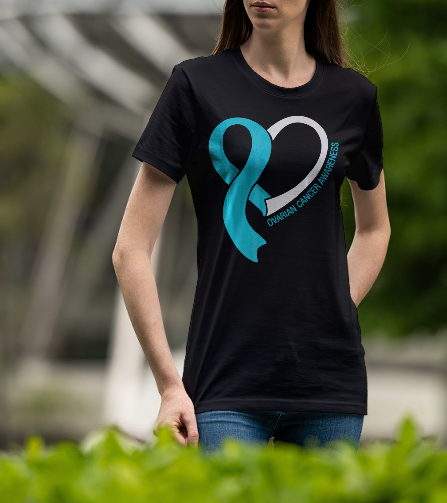 Ovarian Cancer Teal Heart Ribbon Awareness T-Shirt