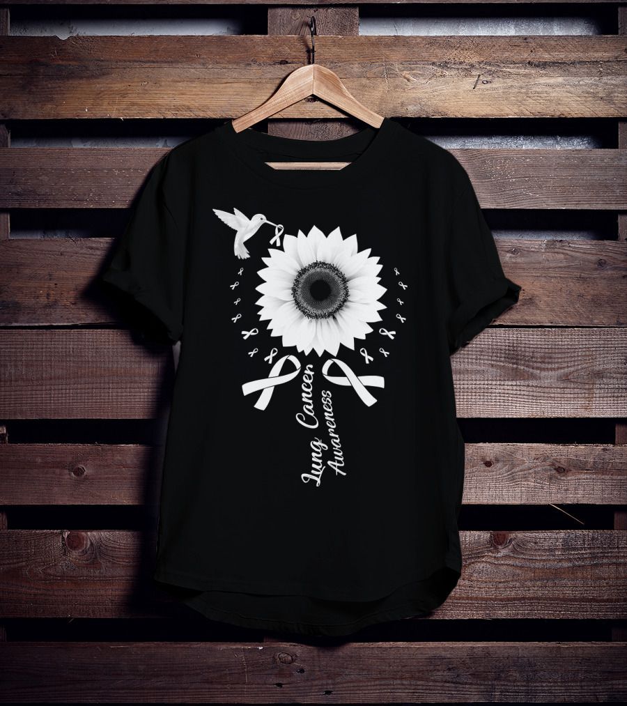 Lung Cancer Awareness Hummingbird Sunflower White T-Shirt