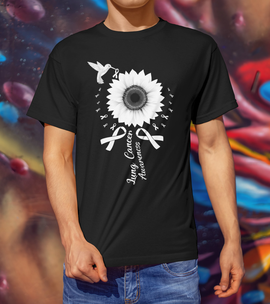 Lung Cancer Awareness Hummingbird Sunflower White T-Shirt