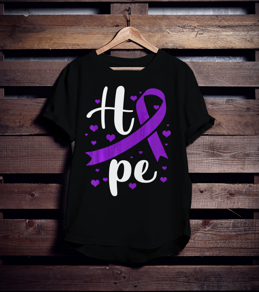 Hope Pancreatic Cancer Awareness Women Purple Ribbon Hearts T-Shirt