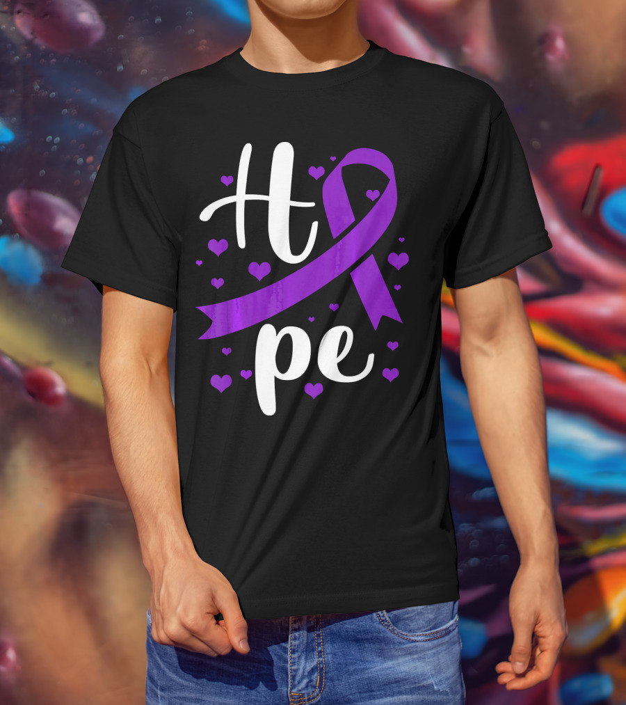 Hope Pancreatic Cancer Awareness Women Purple Ribbon Hearts T-Shirt