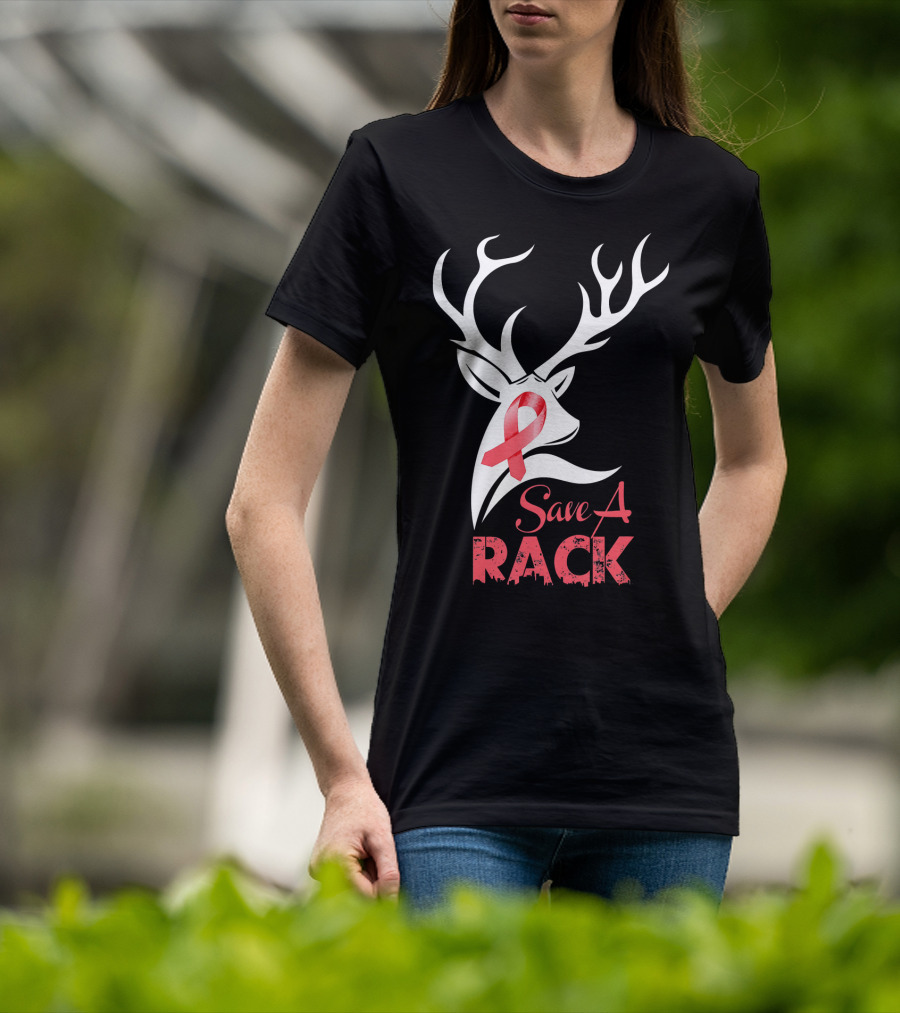 Save A Rack Breast Cancer Awareness Pink Ribbon Deer Antlers T-Shirt
