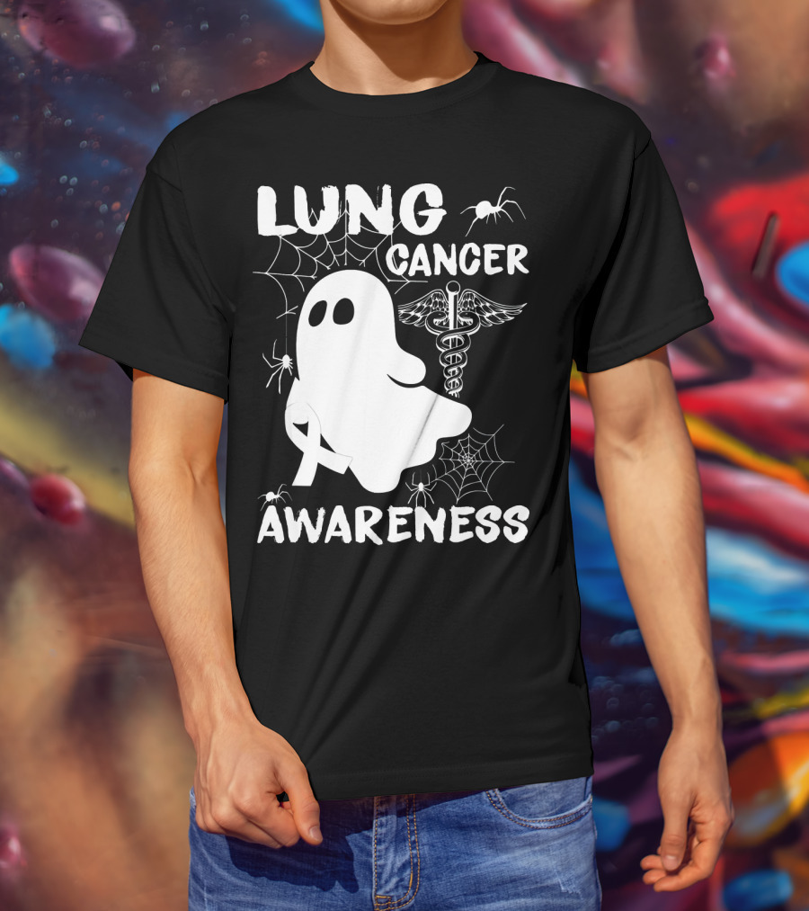 Lung Cancer Awareness Boo Ghost With Spider Webs And Spider T-Shirt