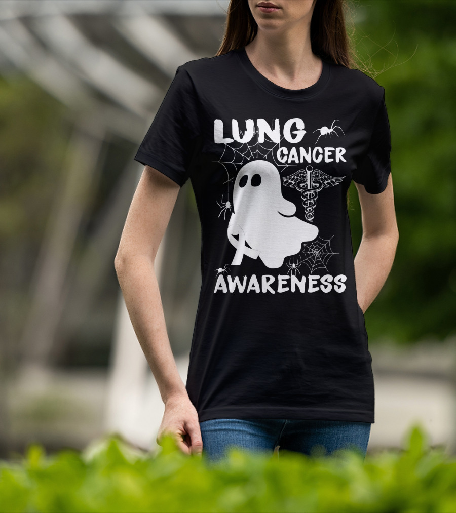 Lung Cancer Awareness Boo Ghost With Spider Webs And Spider T-Shirt