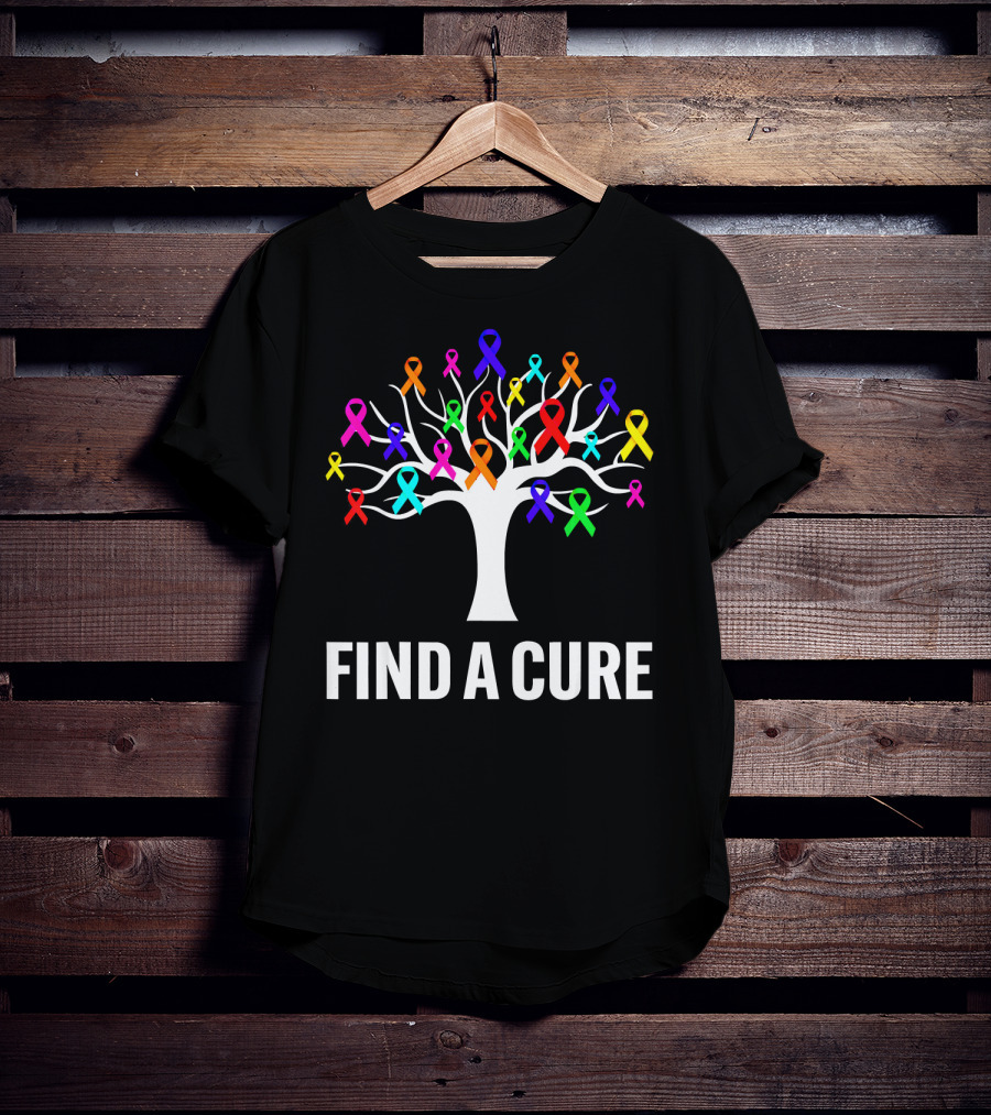 Find A Cure Rainbow Ribbons Cancer Awareness Tree T-Shirt