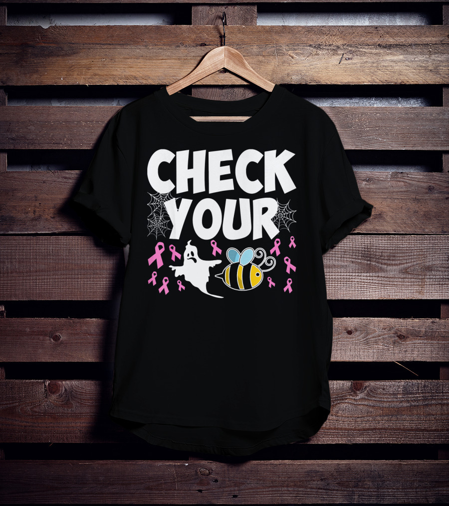 CHECK YOUR BOO BEES Breast Cancer Awareness Halloween Ghost And Bee With Ribbons T-Shirt