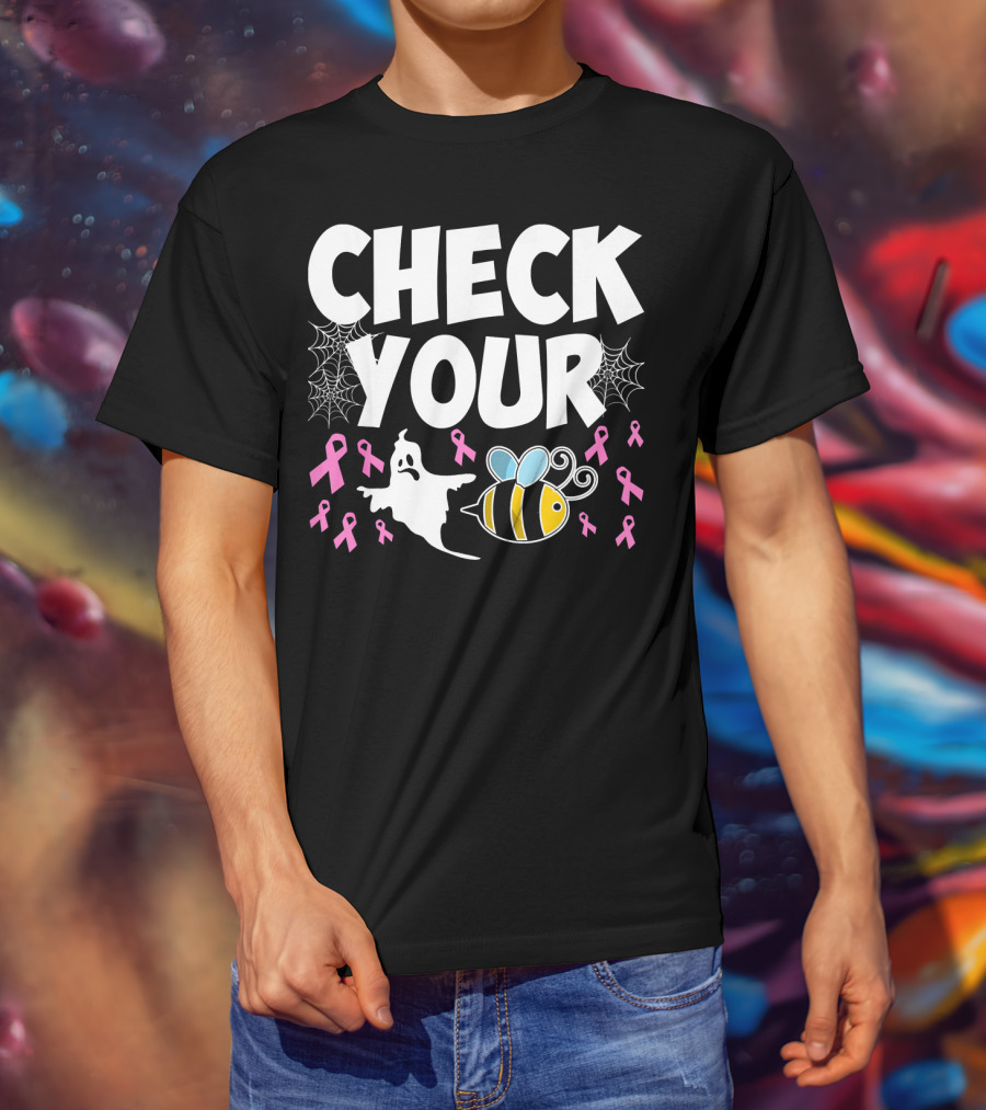 CHECK YOUR BOO BEES Breast Cancer Awareness Halloween Ghost And Bee With Ribbons T-Shirt