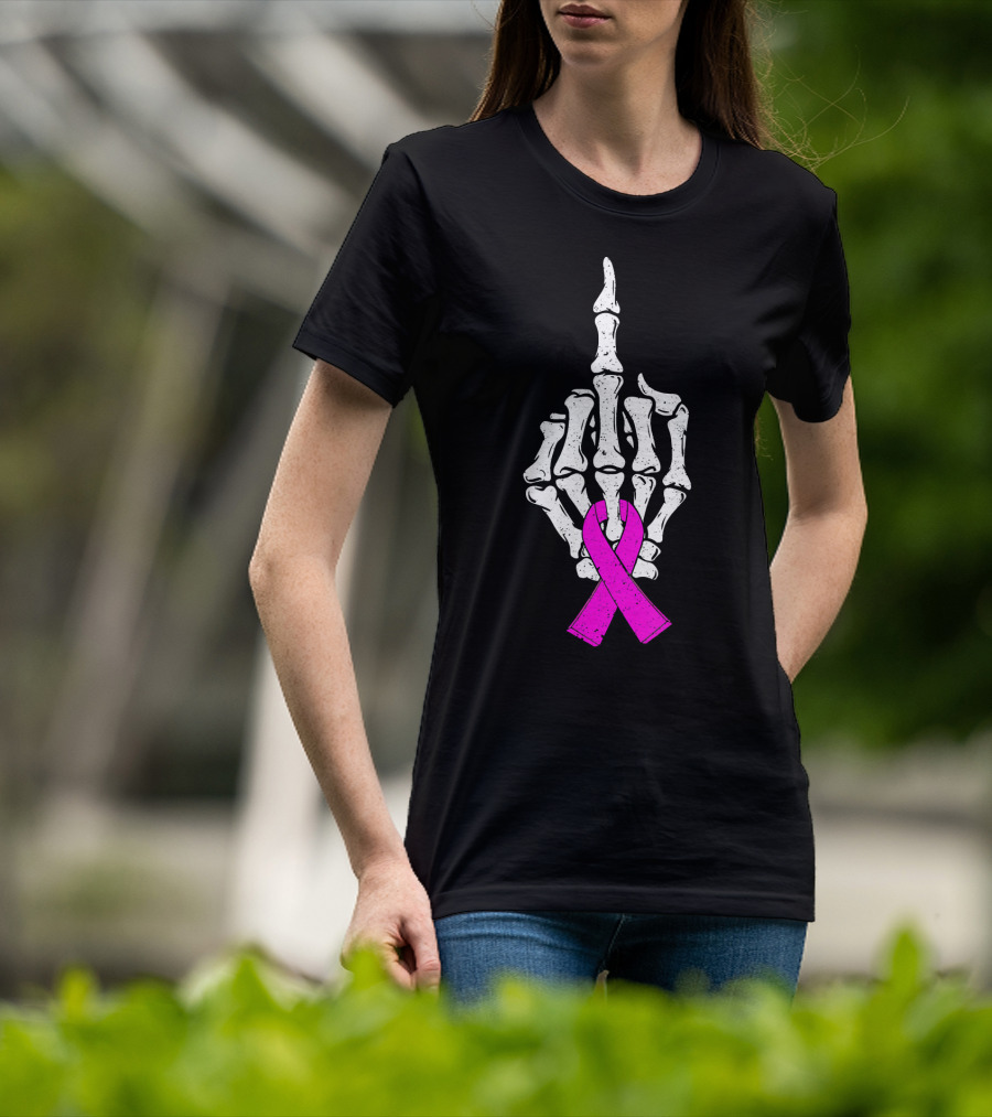 Breast Cancer Skeleton Middle Finger Pink Ribbon Awareness T-Shirt