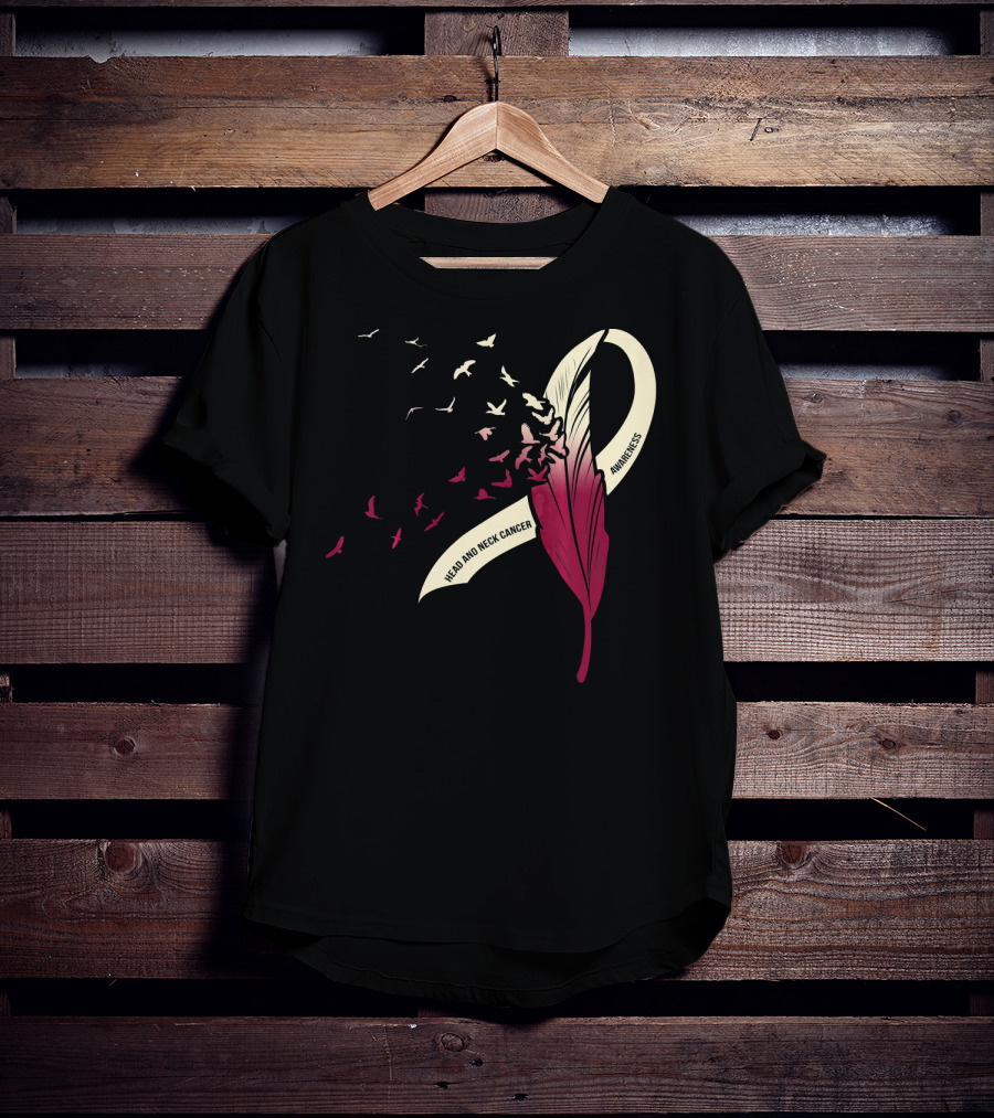 Head And Neck Cancer Awareness Feather Ribbon With Birds T-Shirt