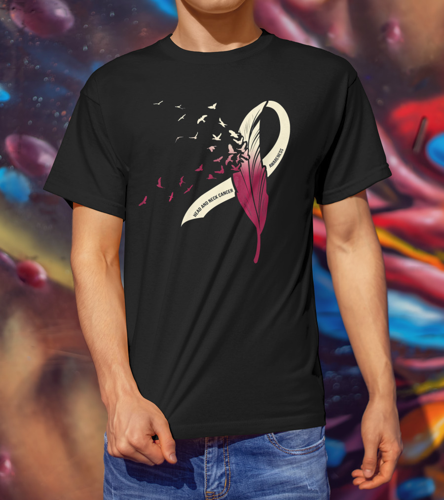 Head And Neck Cancer Awareness Feather Ribbon With Birds T-Shirt