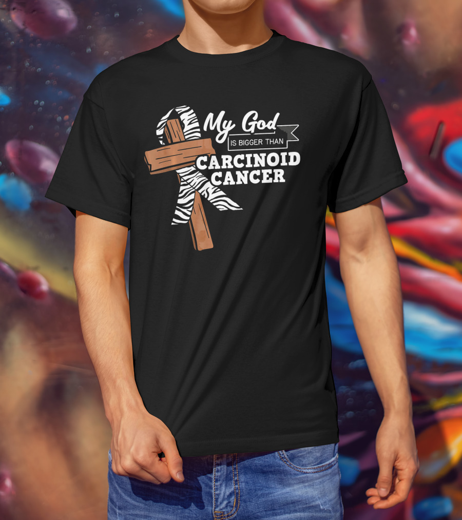 My God Is Bigger Than Carcinoid Cancer Ribbon Cross T-Shirt