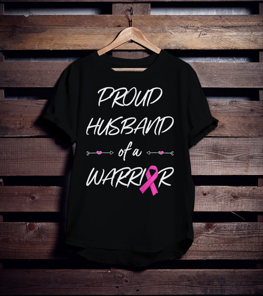Proud Husband Of A Warrior Breast Cancer Pink Ribbon Hearts T-Shirt