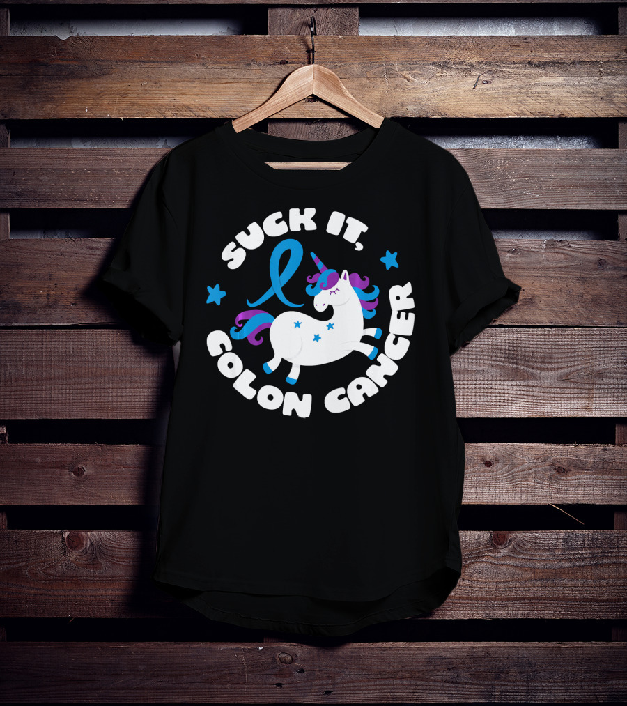 Colon Cancer Awareness Unicorn Suck It Fun T-Shirt
