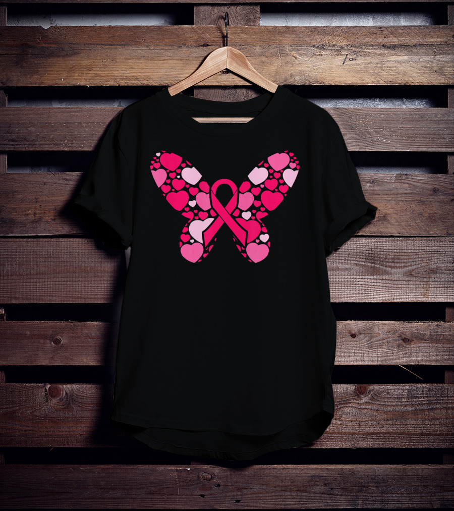 Pink Ribbon Hearts Butterfly Breast Cancer Awareness T-Shirt