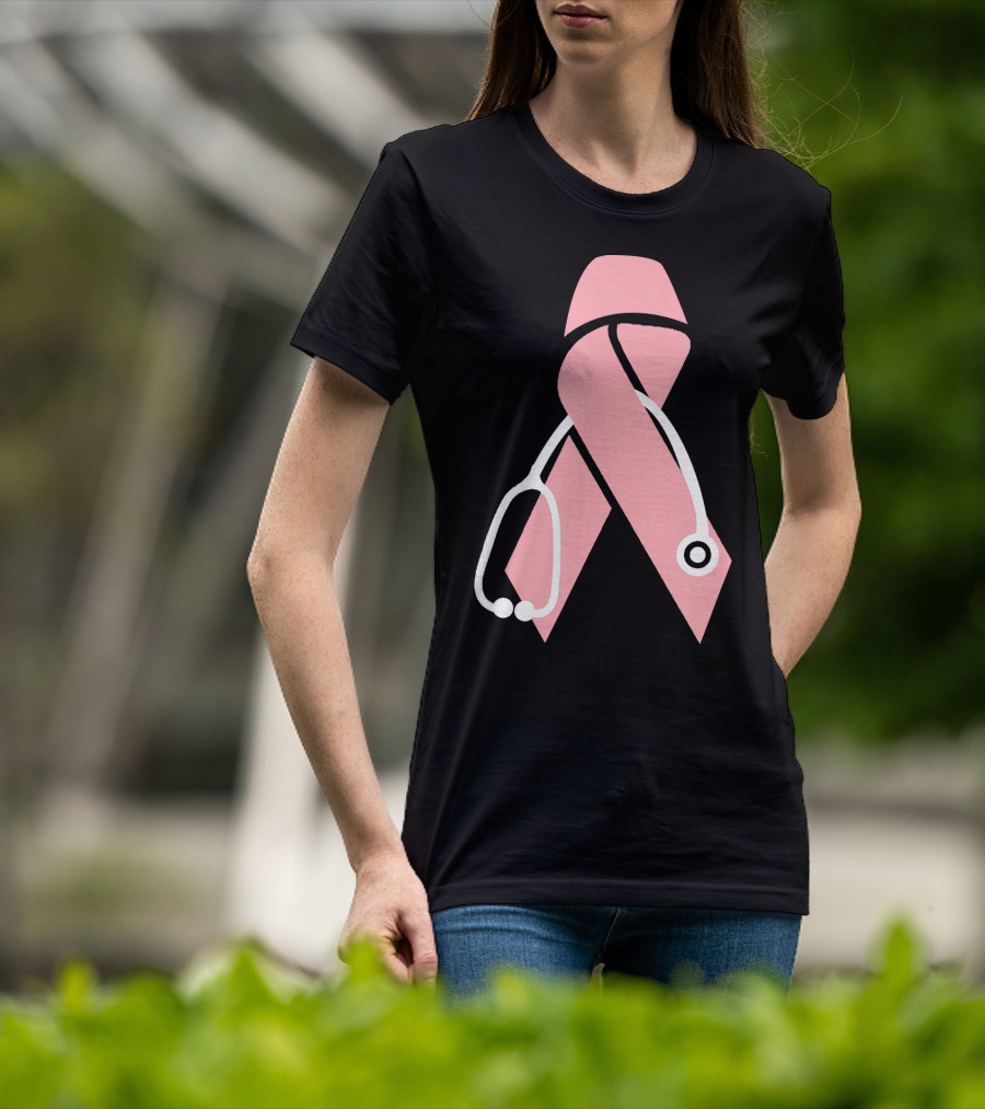 Nurse Doctor Family Friend Brea Pink Ribbon Stethoscope T-Shirt