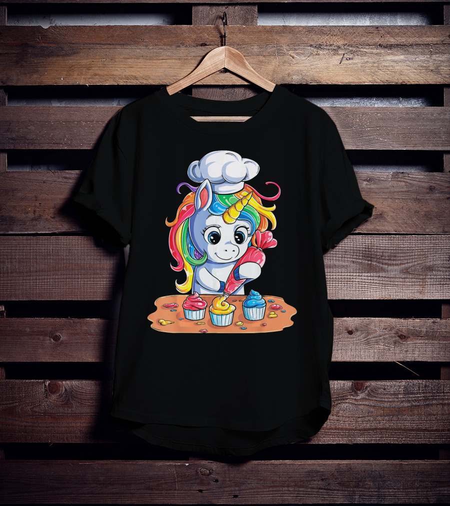 Unicorn Rainbow Chef Decorating Cupcakes Girls Magic T-Shirt