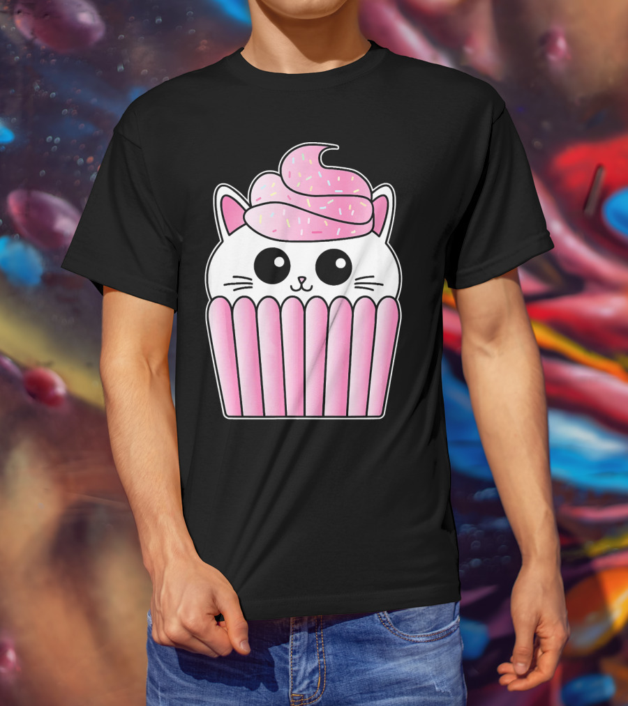 Kawaii Cat Cupcake Muffin In Pink Sweet Delight T-Shirt