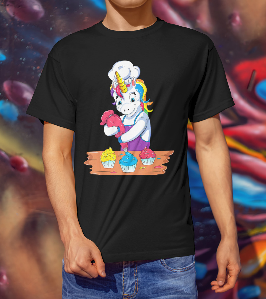 Unicorn Baking Colorful Cupcake Creations Chef T-Shirt
