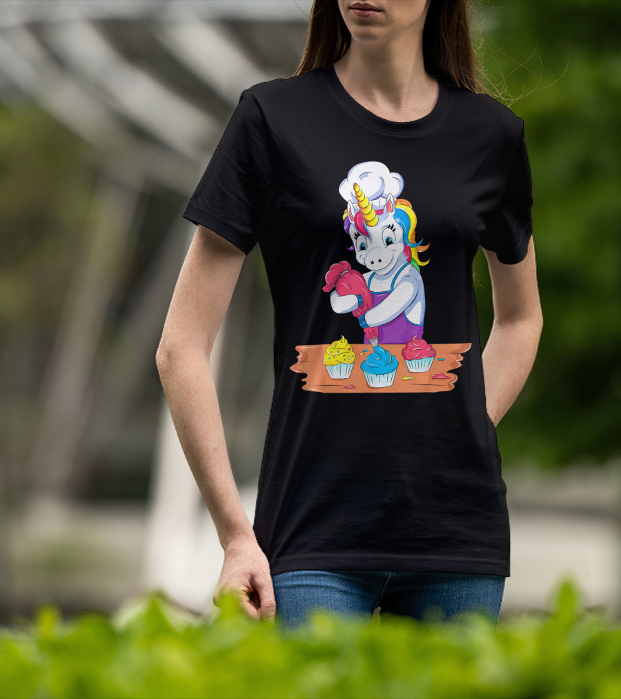 Unicorn Baking Colorful Cupcake Creations Chef T-Shirt