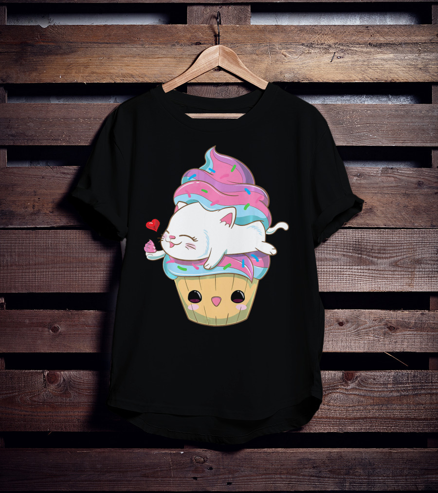 Cute Kawaii Cat On Pastel Sprinkles Cupcake With Heart Balloon T-Shirt