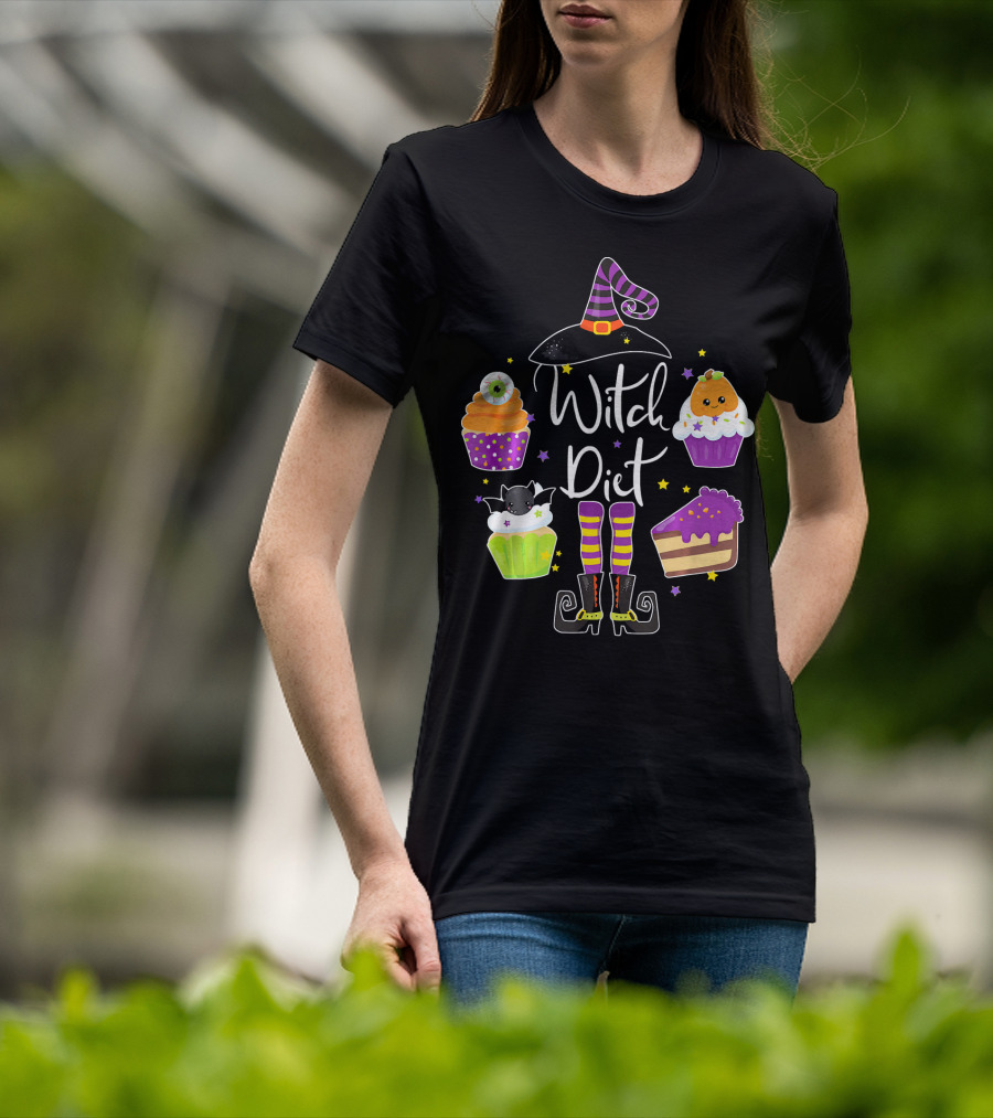 Witch Diet Funny Halloween Pumpkin Cupcake Treats With Witch Hat And Boots T-Shirt